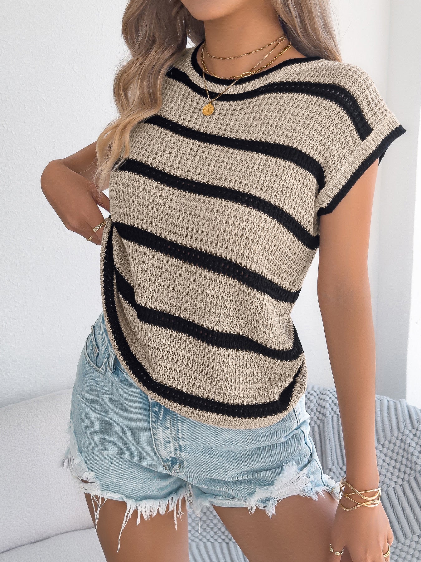 Spring Summer Contrast Color Striped Casual Loose Sweater Top Stand Alone Women Clothing