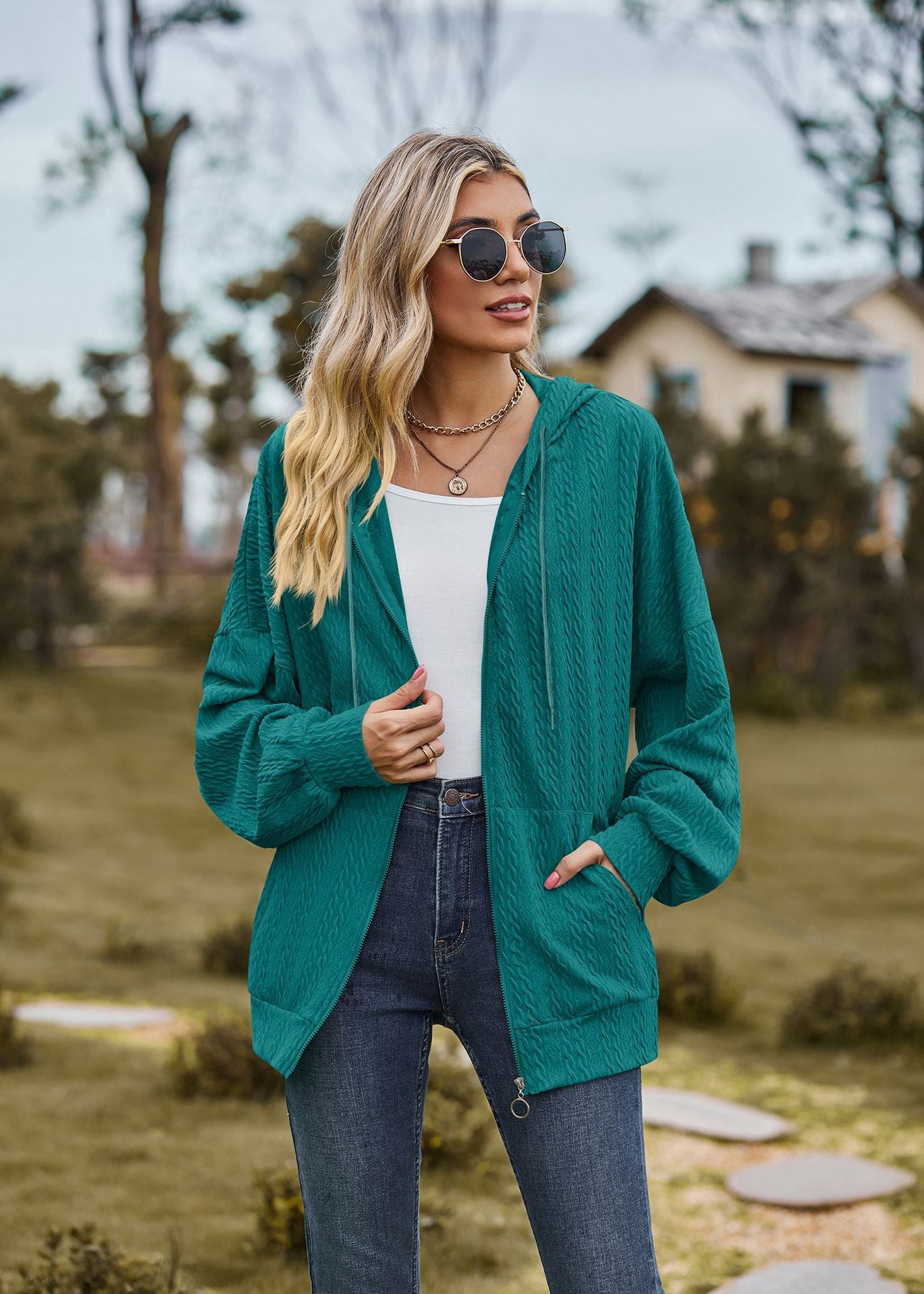 Autumn Winter Solid Color Pocket Long Sleeve Loose Hooded Sweatshirt Women Coat