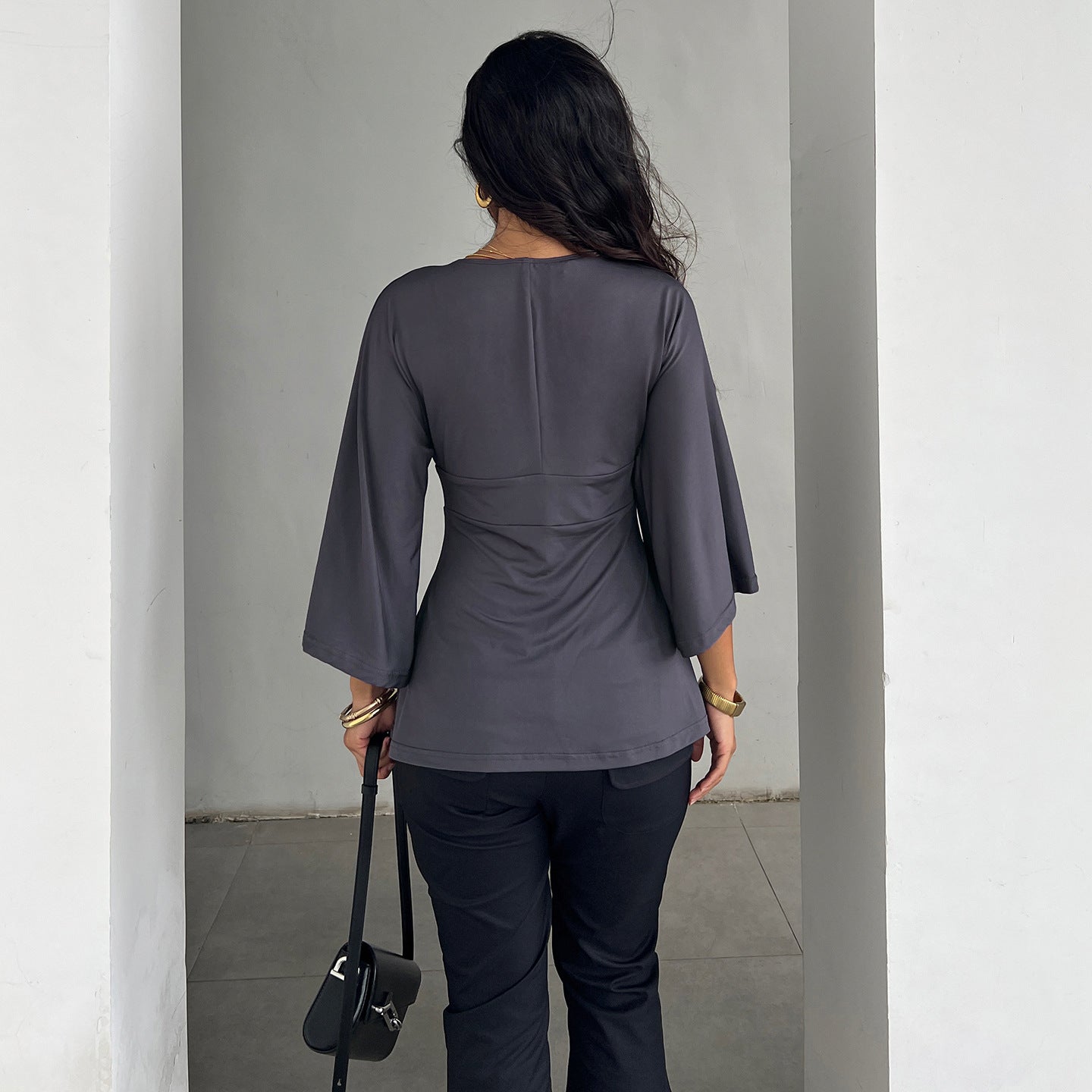Sexy V neck Solid Color Draping Half Sleeve T shirt Women Bell Sleeve Waist Controlled a Swing Top