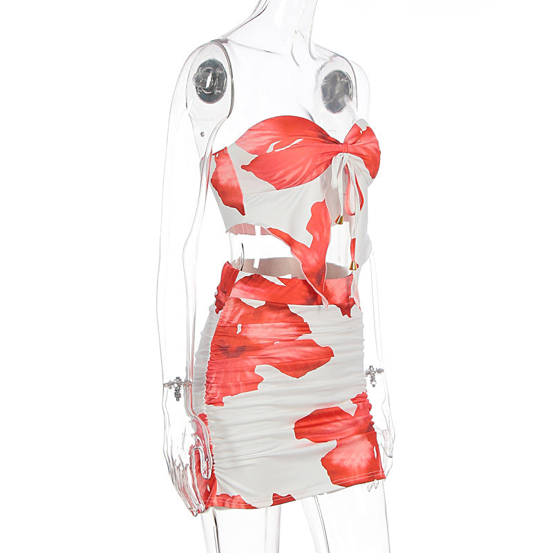 Women Clothing Summer Printed Sexy Tube Top Lace up Top Pleated Sheath Skirt Outfit