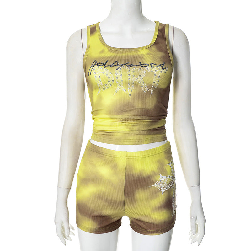 Women Clothing Spring Summer Vest round Neck Blooming Printing Stick on Crystals Sleeveless Elastic Waist Two Piece Sets