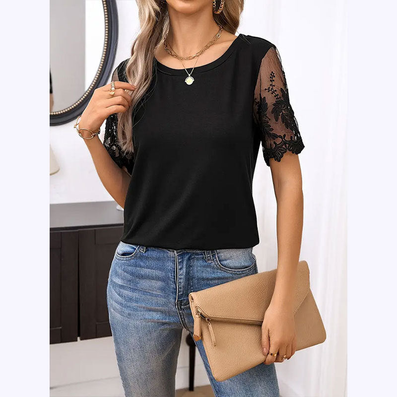 Women Clothing Summer Elegant Knitted Patchwork round Neck T shirt Loose Mesh Patchwork Top