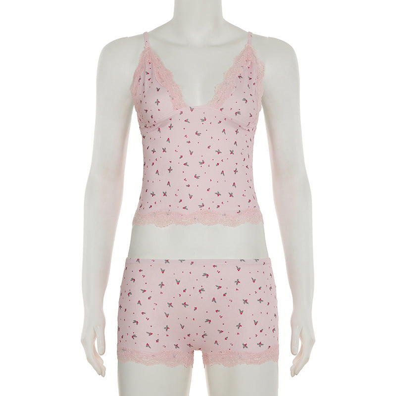 Casual Homewear Small Floral Lace Sexy Camisole Shorts Pajamas Two Piece Set