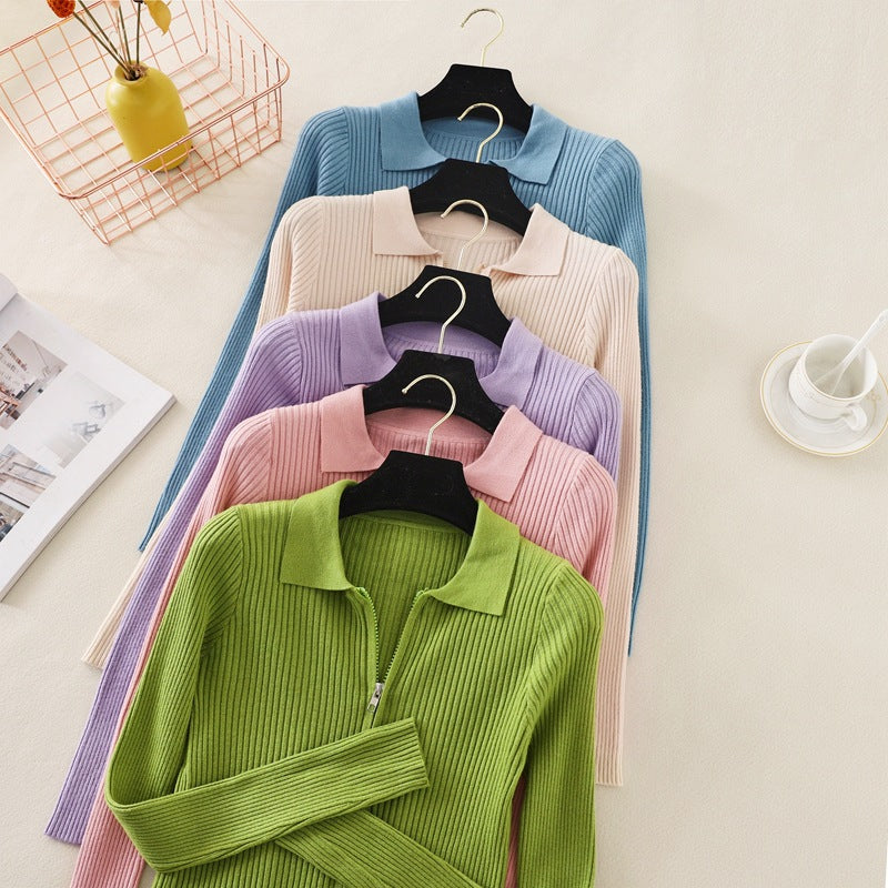 Knitted Bottoming Solid Color Slim Fit Top Long Sleeve Polo Collar Women Short Sweater Autumn Winter Cardigan