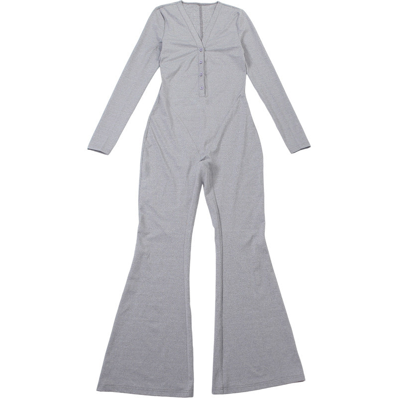 Women Clothing Autumn Solid Color V neck Button Tight Long Sleeve High Waist Micro Pull Jumpsuit
