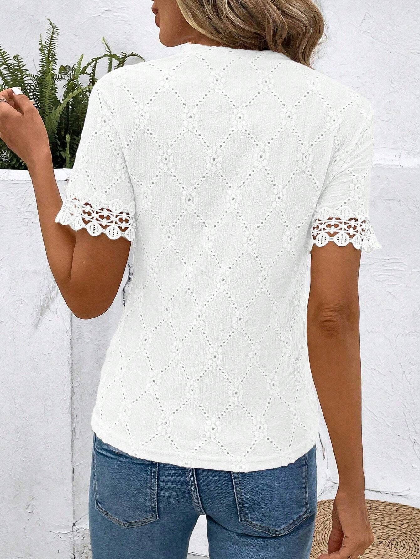 Summer Hollow Out Cutout Top round Neck Lace Lace Fir