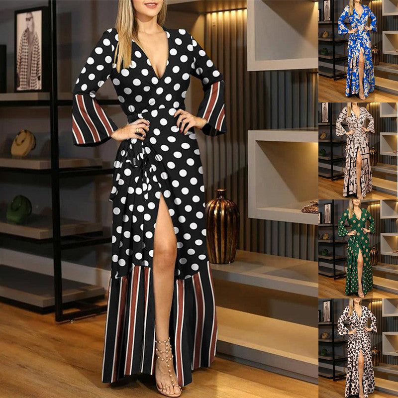 Autumn Winter Long Sleeve Tied V-neck Printed Dress Women Clothing Plus Size