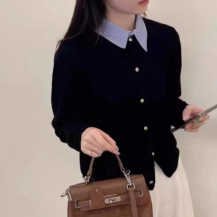 Spring Faux Two Piece Knitted Cardigan Sweater for Women Office Korean Shirt Collar Single Breasted Cardigan for Women