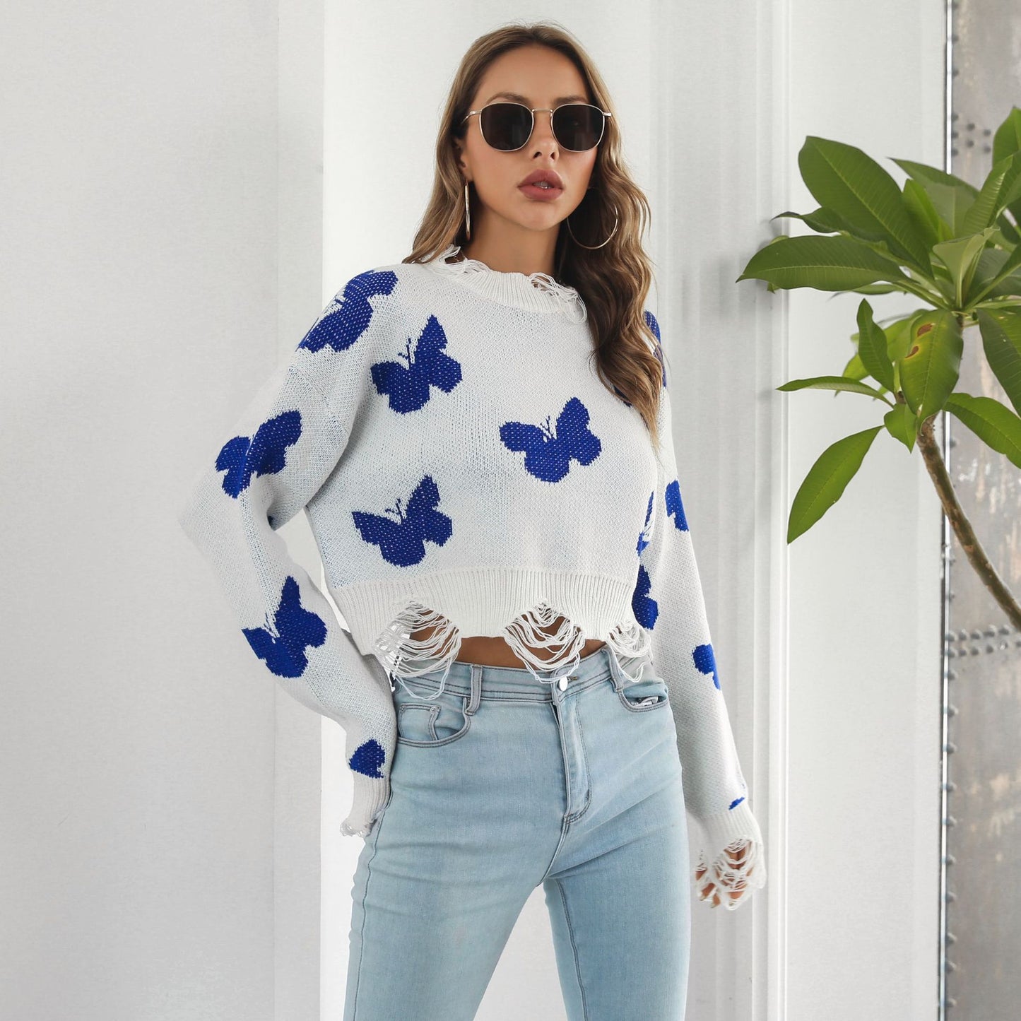 Ripped Butterfly Jacquard Short Sweater Women Autumn Winter Long Sleeve Sweater Sweater