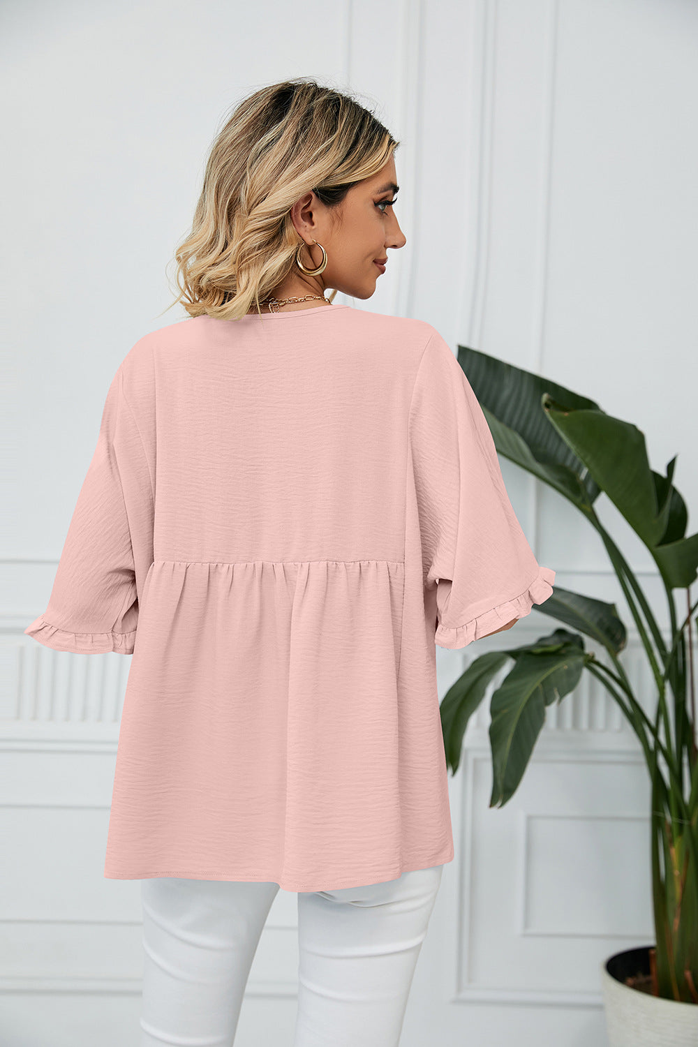 Summer Solid Color V-neck Loose Pleated Stitching Half Sleeve Chiffon Blouses for Women