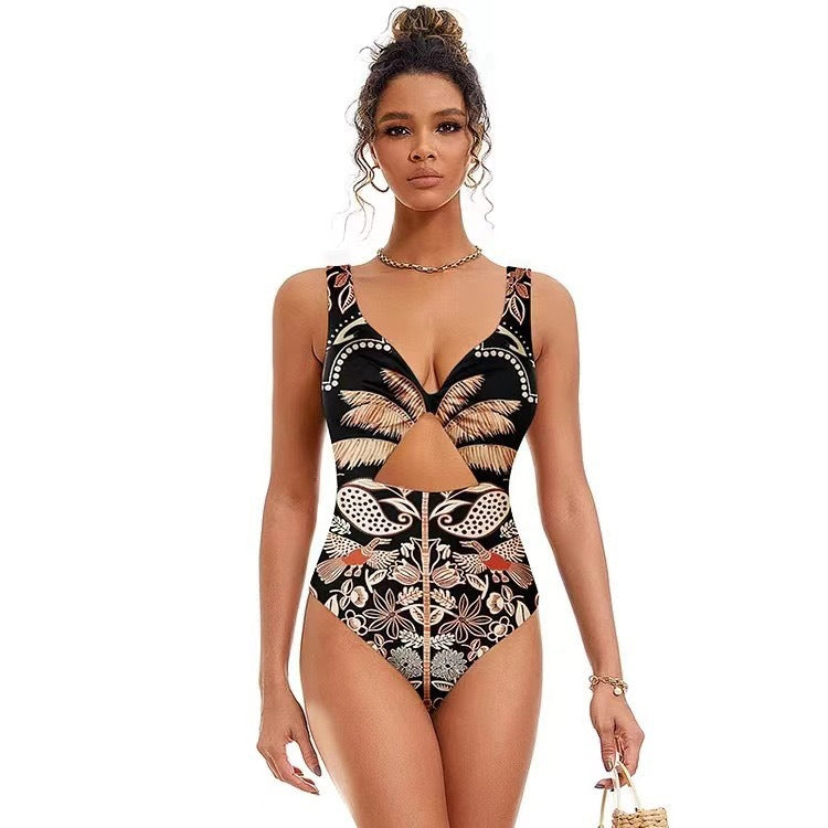 Lonkey Swimwear Retro Printed Mesh Trousers Conservative Swimwear Bikini