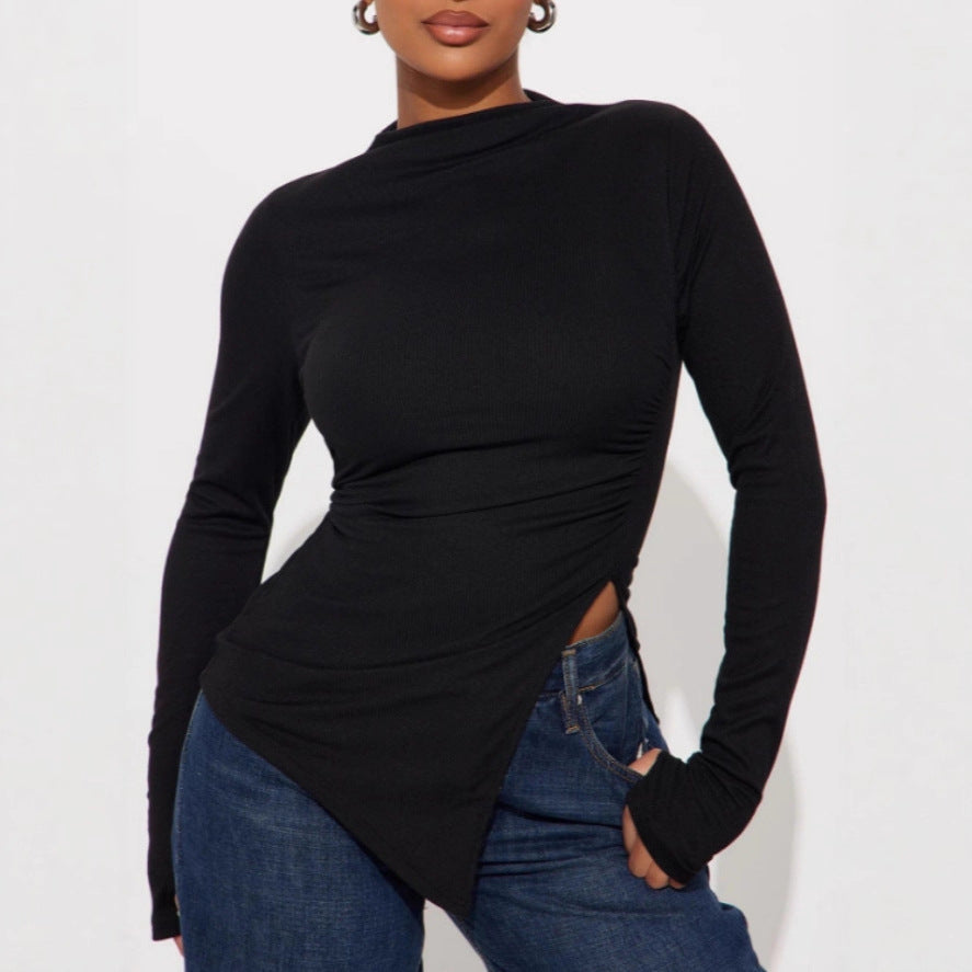 Spring Autumn Solid Color Irregular Asymmetric Split Long Sleeve T shirt Half Turtleneck Slim Fit Pullover Bottoming
