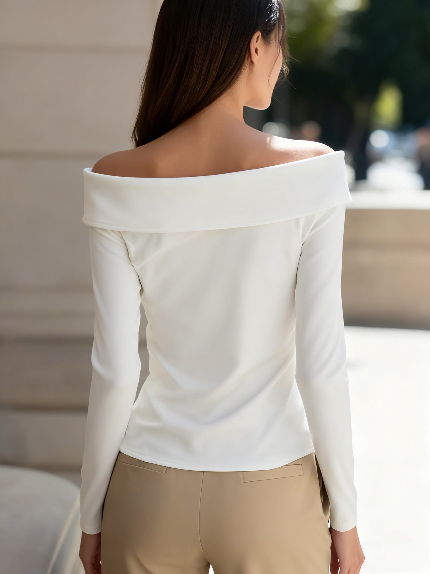 Women Clothing Spring Autumn Elegant Graceful off Shoulder Bottoming Long Sleeve Solid Color