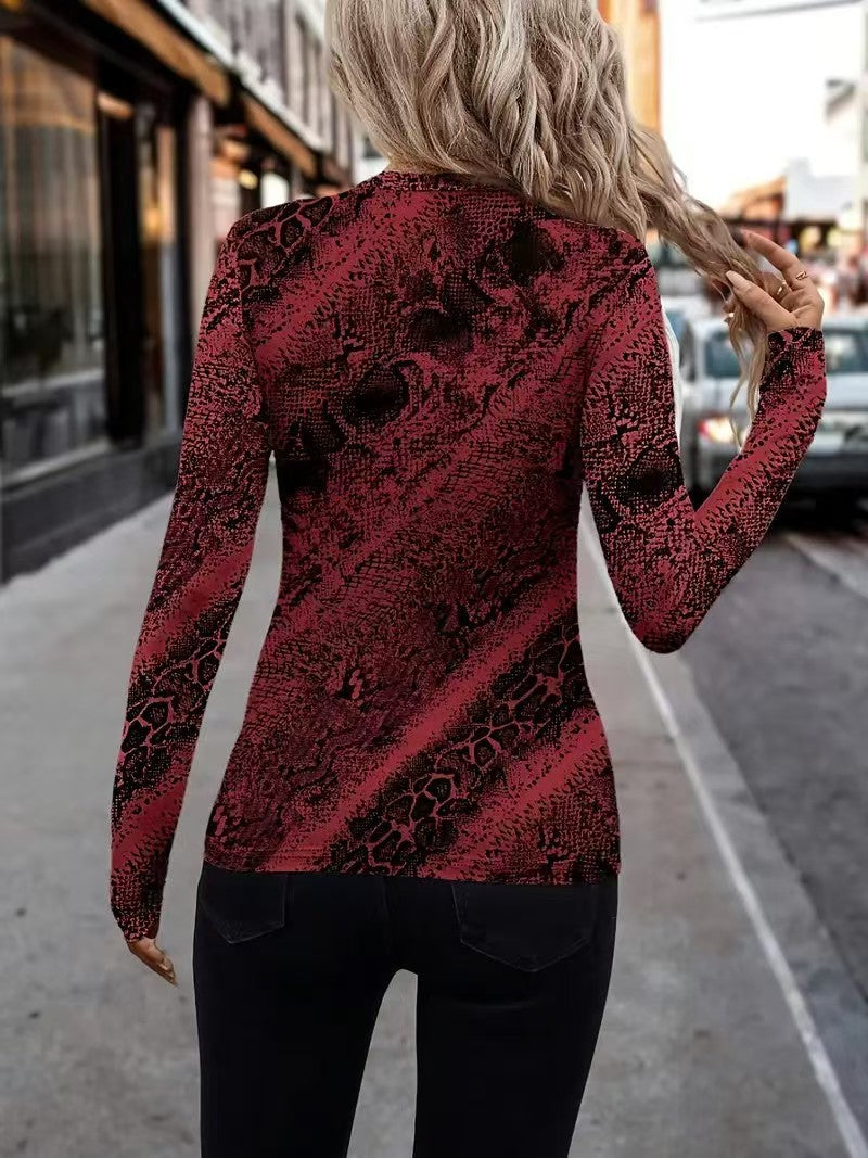 Women Autumn Long Sleeve Leopard Print Slim Fit Top round Neck Women Clothing