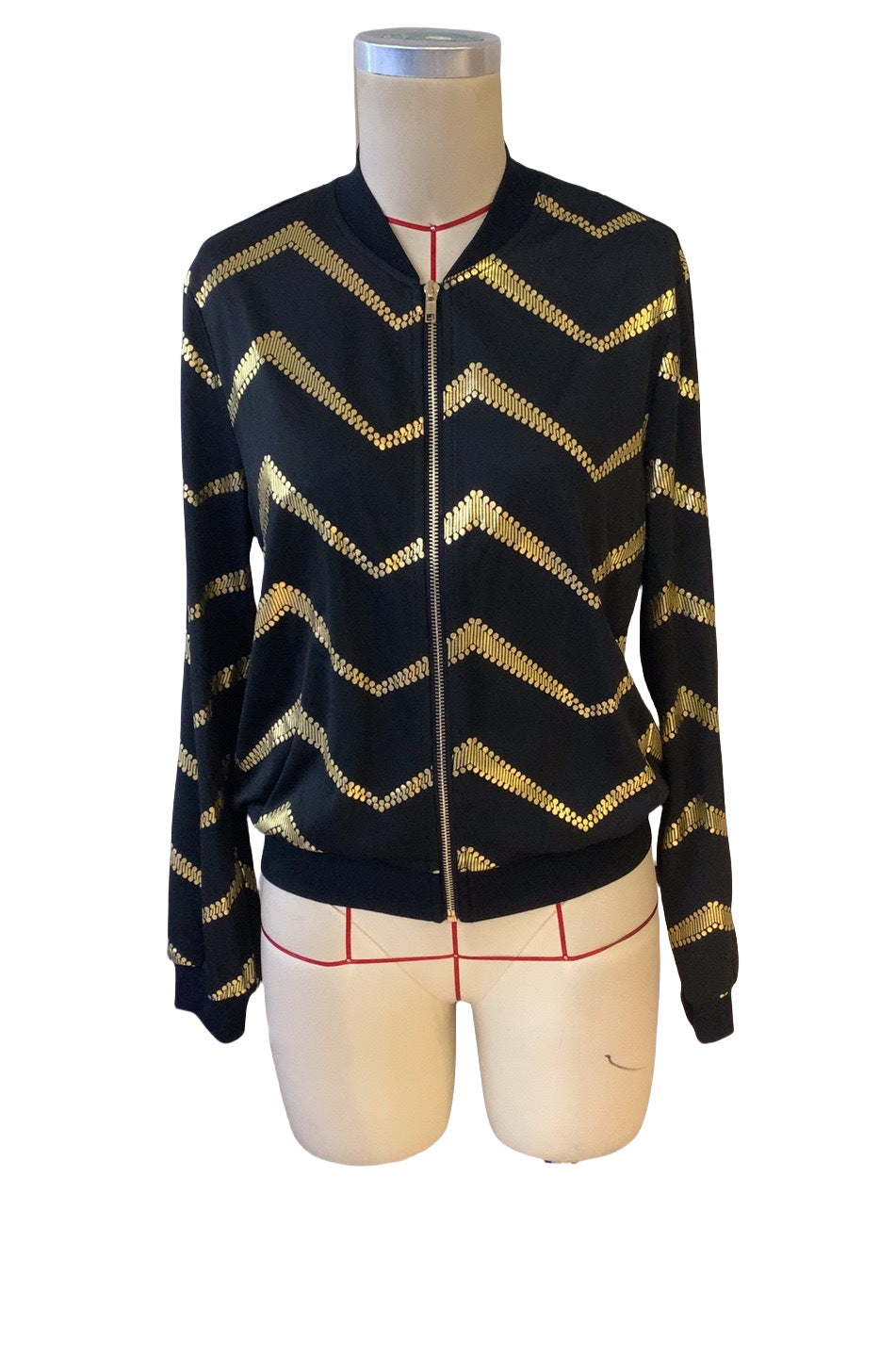Autumn Winter Women Zigzag Bronzing Printed Zip Placket Bomber Jacket Coat