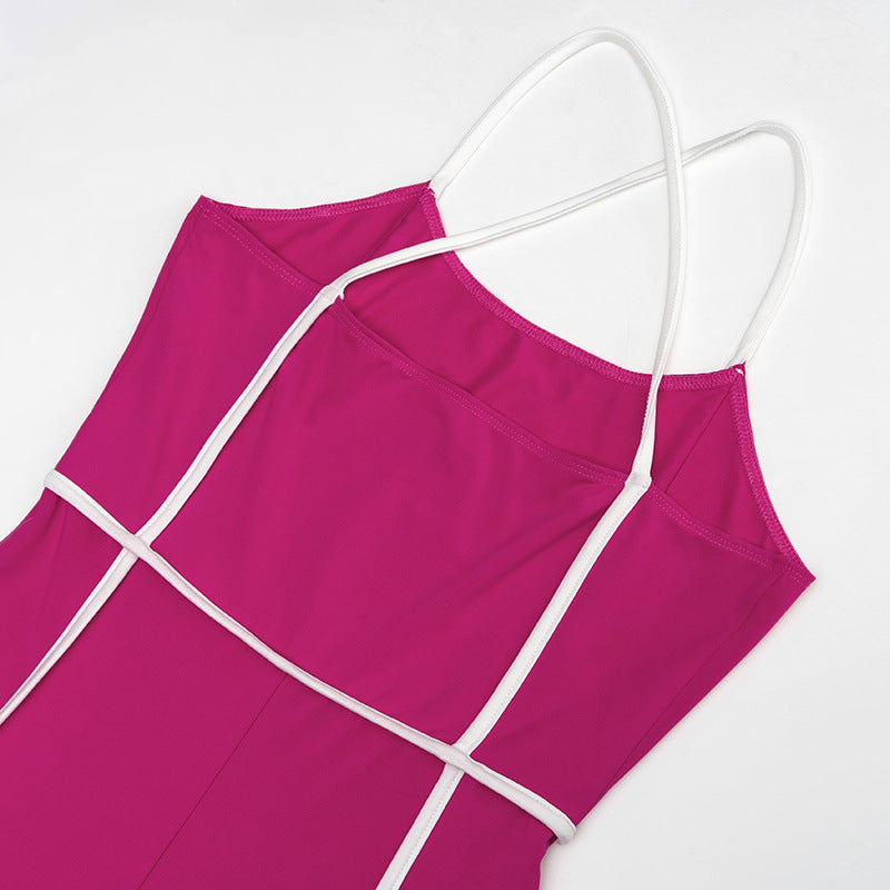 Cross Shoulder Strap Sleeveless Beauty Back Contrast Color Slim Fit High Waist Sports Jumpsuit