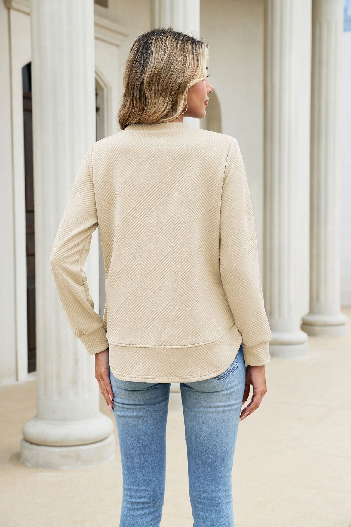 Autumn Winter Solid Color round Neck Loose Long Sleeved Sweater Plaid Top Women