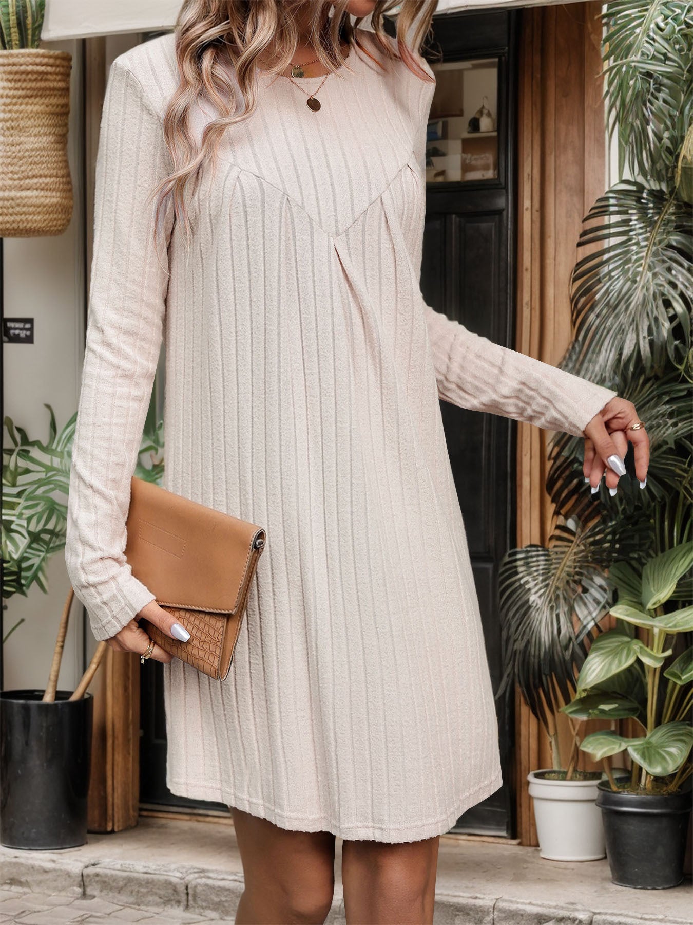 Autumn Winter Brushed Sunken Stripe Knitted Dress Long Sleeve Dress Pleating Stitching Dress