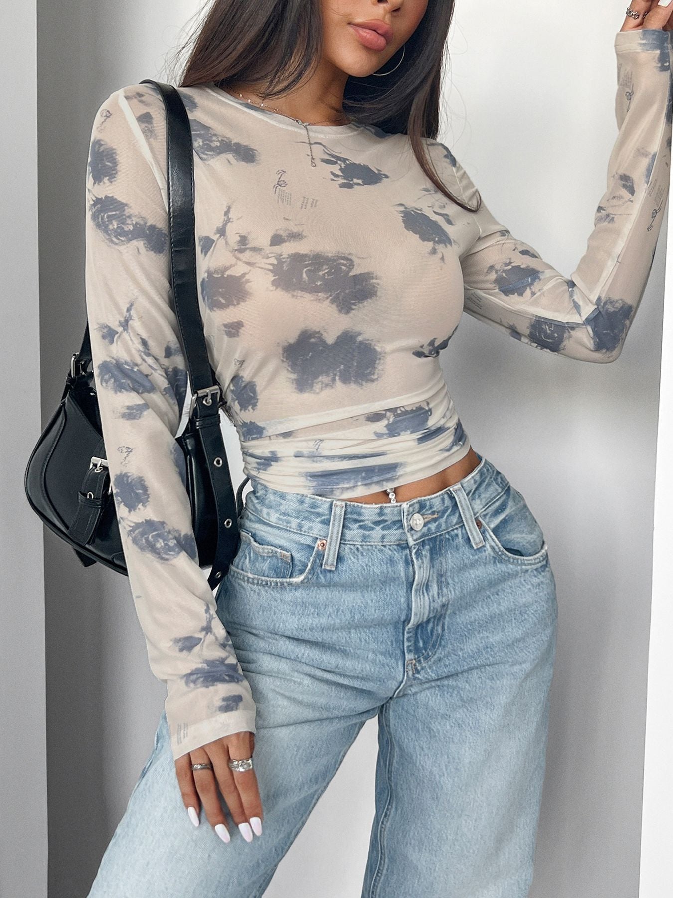 Autumn Winter Elegant Women loral Mesh Floral Print Pleated Side Short Top for Women