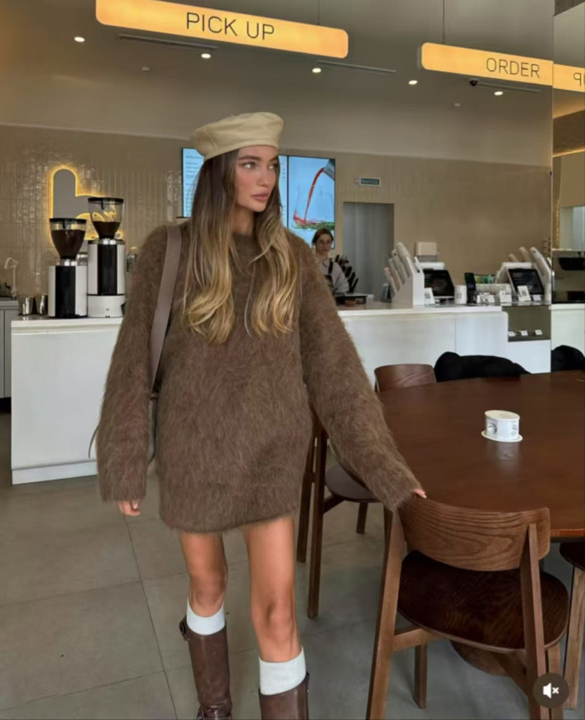 Autumn Winter Lazy Wind Long Wool round Neck Long Sleeve Short Skirt Two Piece Sets