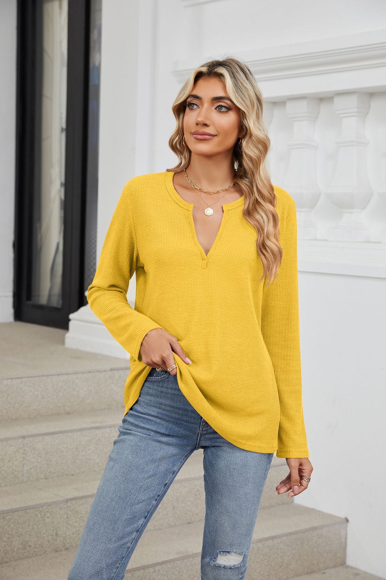 Spring Autumn Loose Fitting V Neck Long Sleeves Solid Color Casual T Shirt Top Women