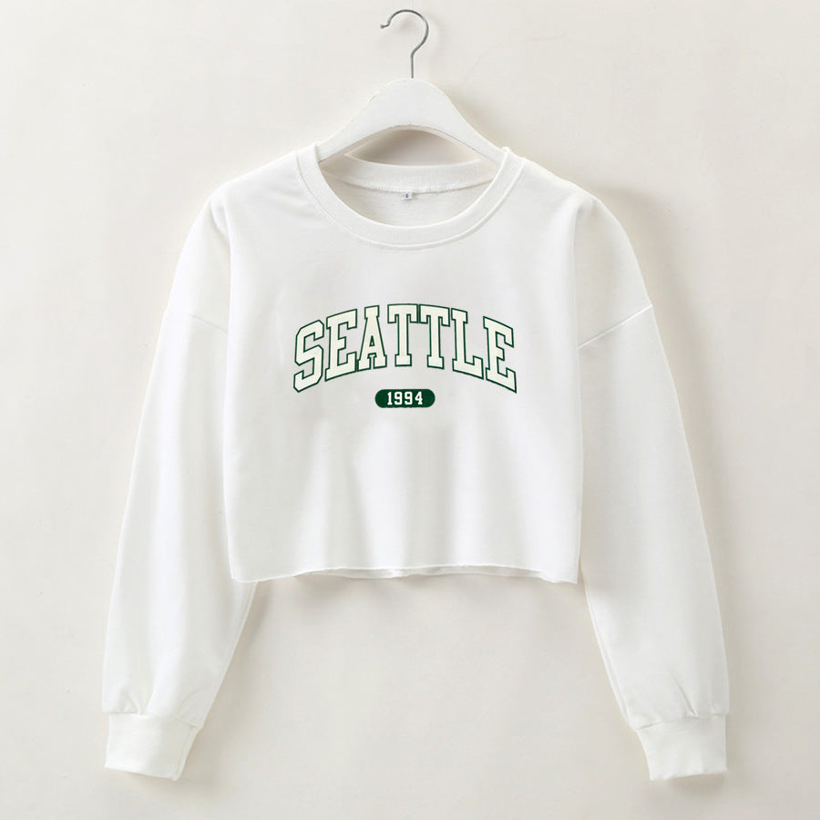 Women Clothing Autumn Winter Seattle Letter Graphic Printing Short Loose Long Sleeves Sweatshirt