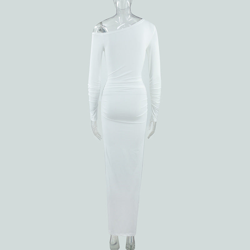 Sexy Women Clothing Sloping-Shoulder off the Shoulder Long Sleeve Slim Fit Pleated Long Socialite Dress
