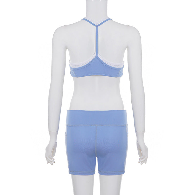 Faux Two Pieces Contrast Color Suspender Shorts Casual Sports Set Yoga Fitness Two Piece Set for Women