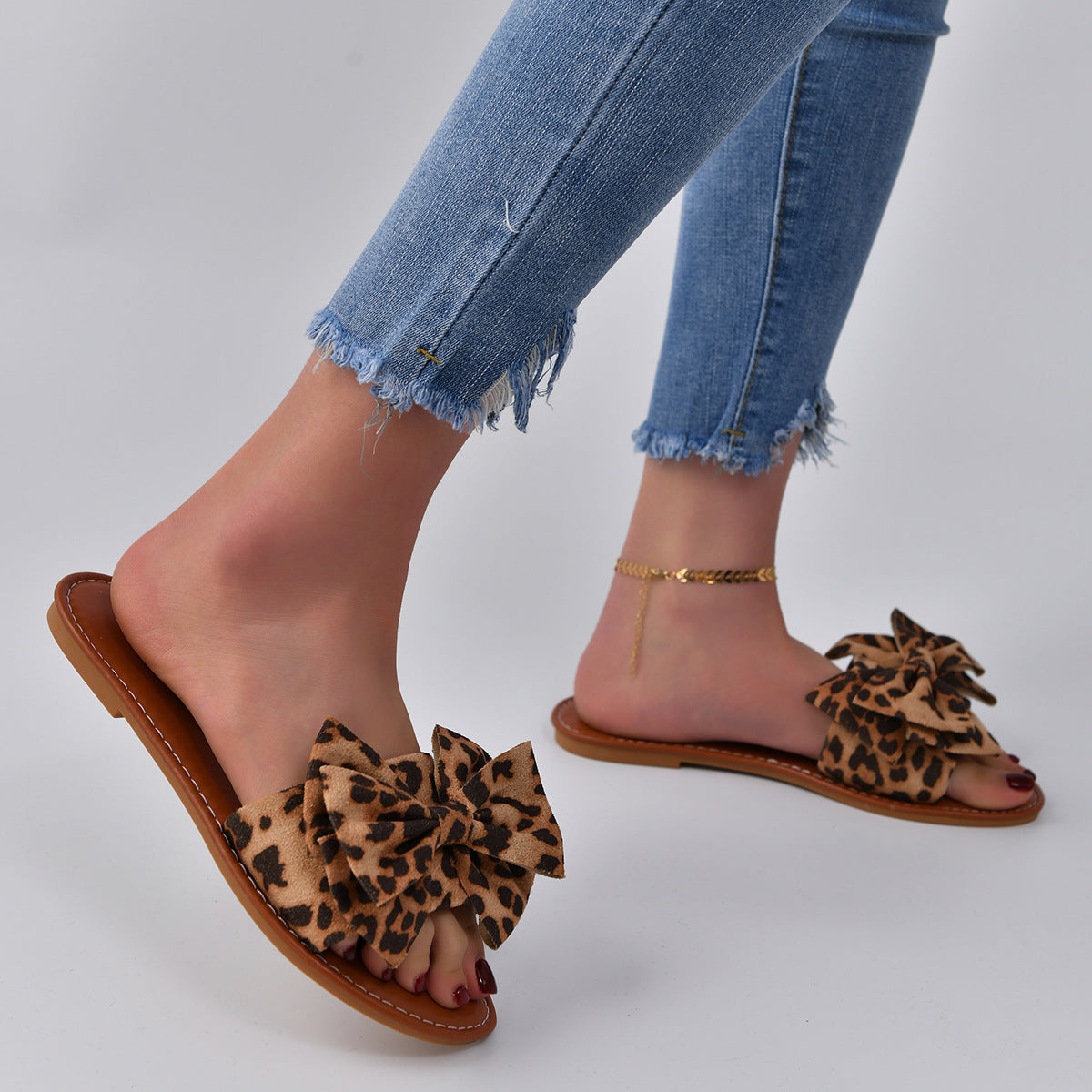 Leopard Bow Slippers Women Lightweight Flat Vacation Beach Sandals