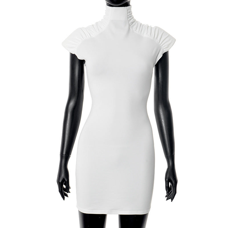 Women Clothing Summer Sexy Skinny Sheath Pleated Padded Shoulder Dress Women