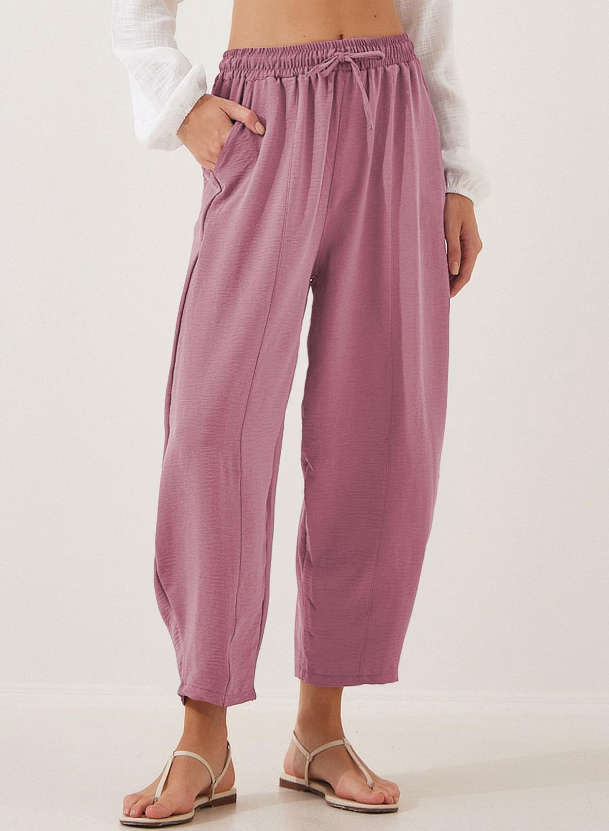 Women Clothing Spring Summer High Waist Loose Vacation Casual Drawstring Pocket Cropped Pants