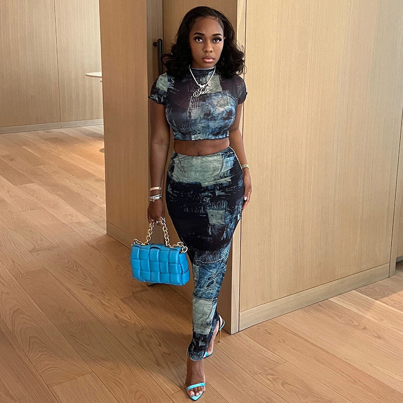 Summer Women Stand Collar Cropped T shirt High Waist Hip Skirt Bottoming Casual Two Piece Sets
