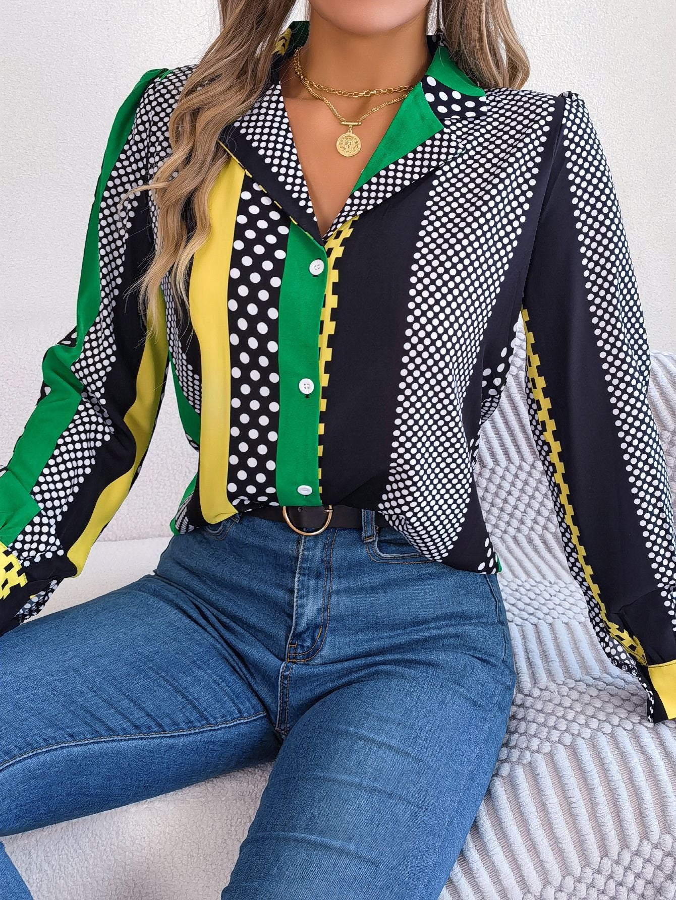 Autumn Winter Commuting Elegant Contrast Color Polka Dot Collar Long Sleeve Shirt Women Clothing