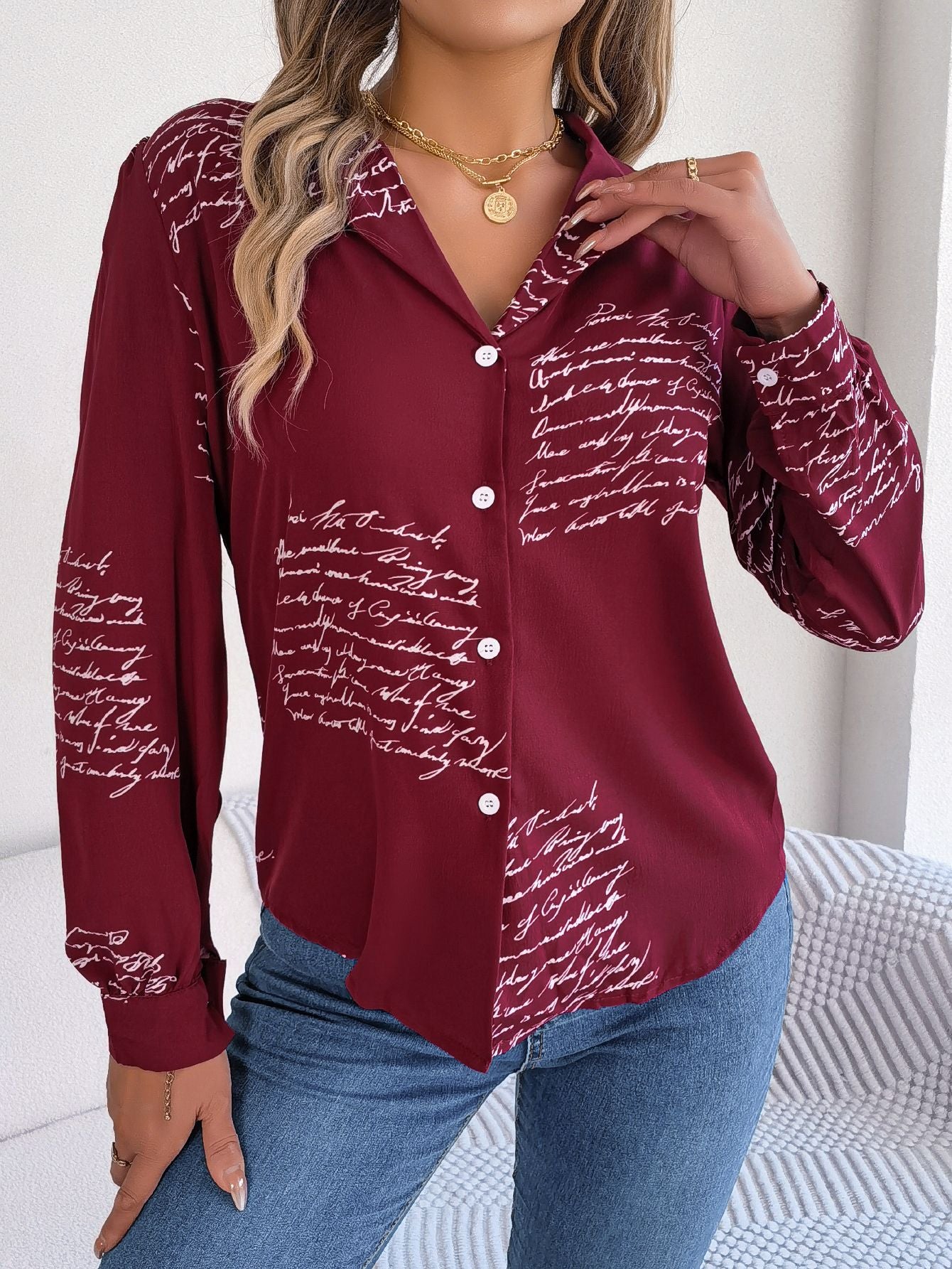 Autumn Winter Casual All Match Letters Suit Collar Long Sleeve Shirt Women Clothing