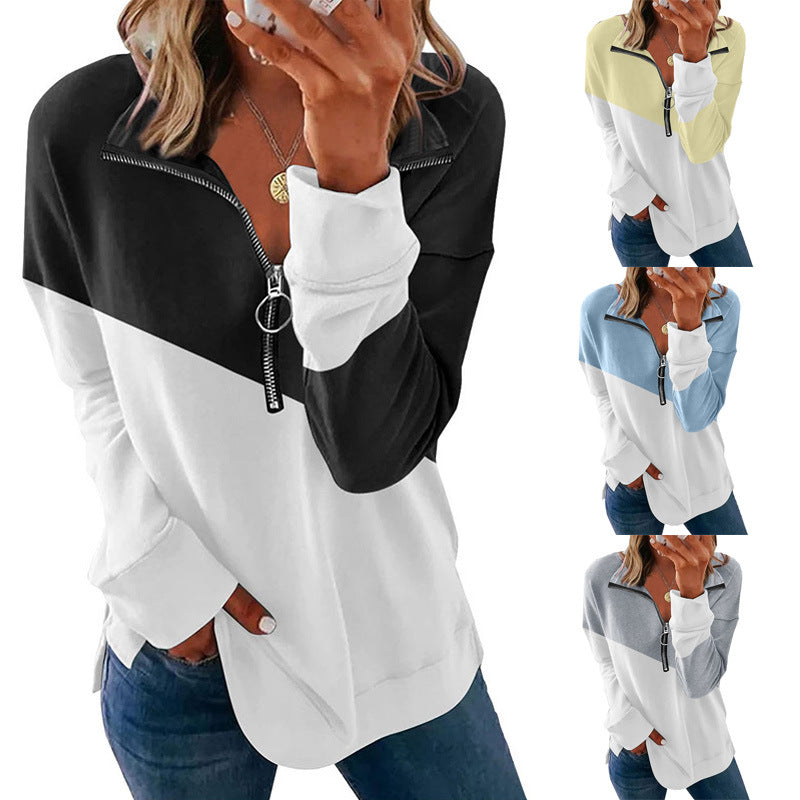 Autumn Winter Contrast Color Zipper Pullover Sweatshirt Women Loose All-Matching Long Sleeve Top