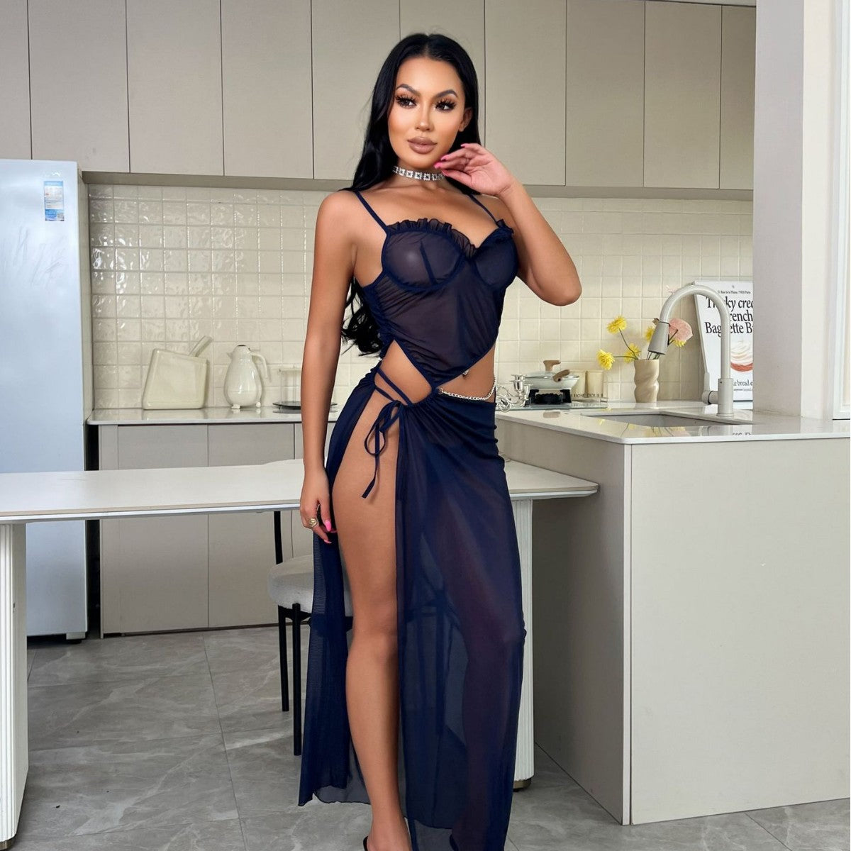 Suspender Lace See through Nightdress V neck Sexy Dress Homewear Sexy Sleepwear