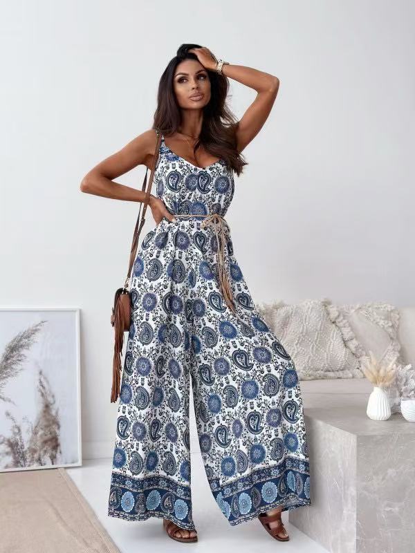 Women Clothing Summer Positioning Floral V neck Brace One Piece Wide Leg Pants with Belt
