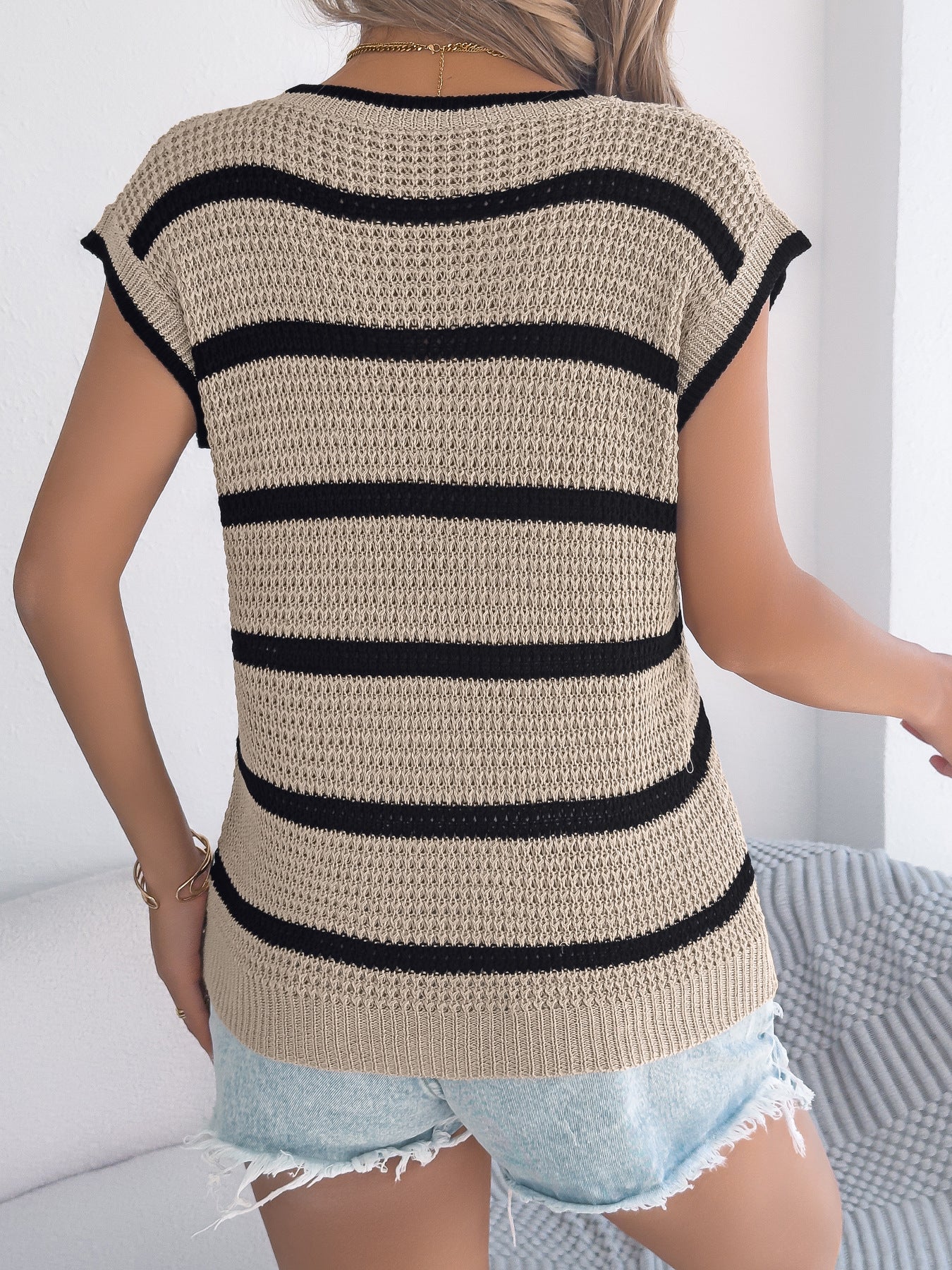 Spring Summer Contrast Color Striped Casual Loose Sweater Top Stand Alone Women Clothing