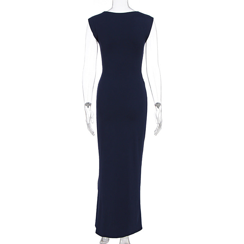 Summer Women Solid Color round Neck Slim Slimming Slit Dress