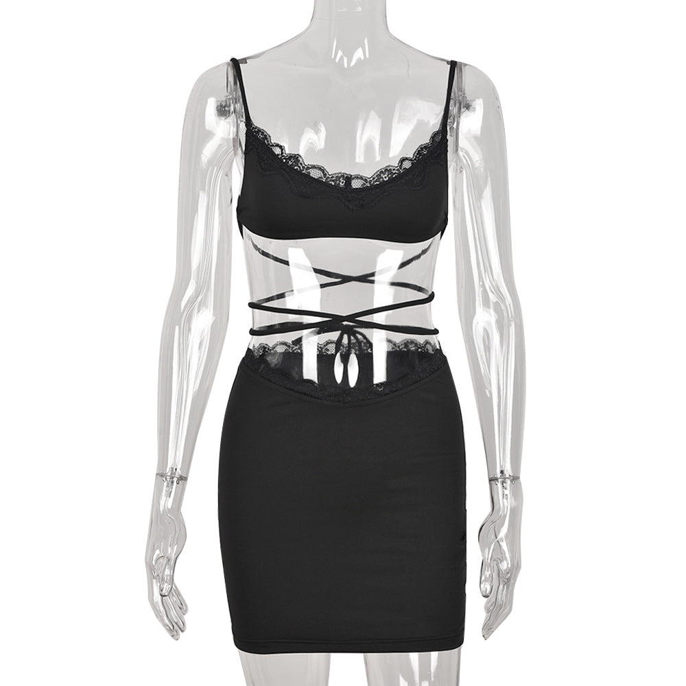 Summer Spaghetti Straps Corset Short Skirt Lace-up Sexy Hollow Out Cutout Two-Piece Women Clothing