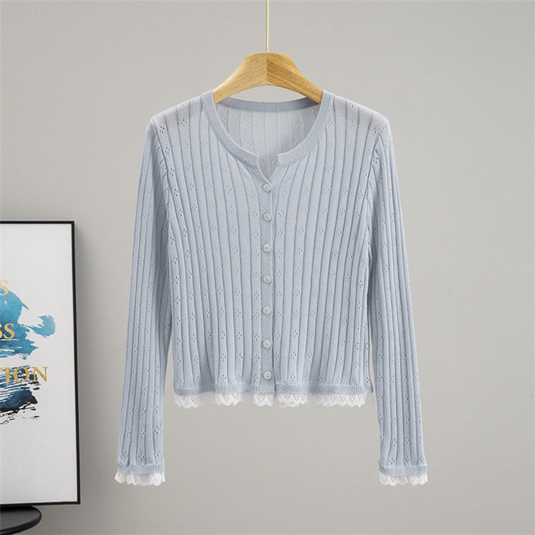 Hollow Out Cutout out Crocheted Lace Knitted Cardigan Women Summer Thin Slub Linen Sun Protection Shirt Top