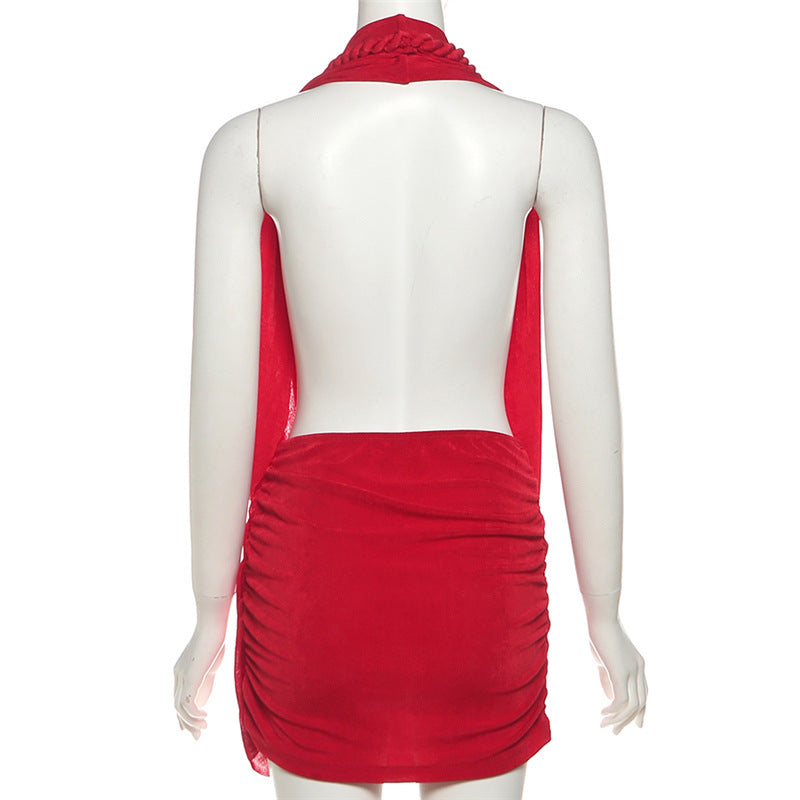 Autumn Winter Women Clothing Sexy Deep V Plunge Halter Backless Hip Solid Color Dress
