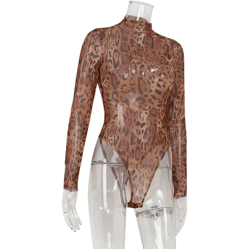 Sexy Women Wear round Neck Long Sleeve Tight High Elastic Leopard Print Mesh Floral Print Sexy Jumpsuit