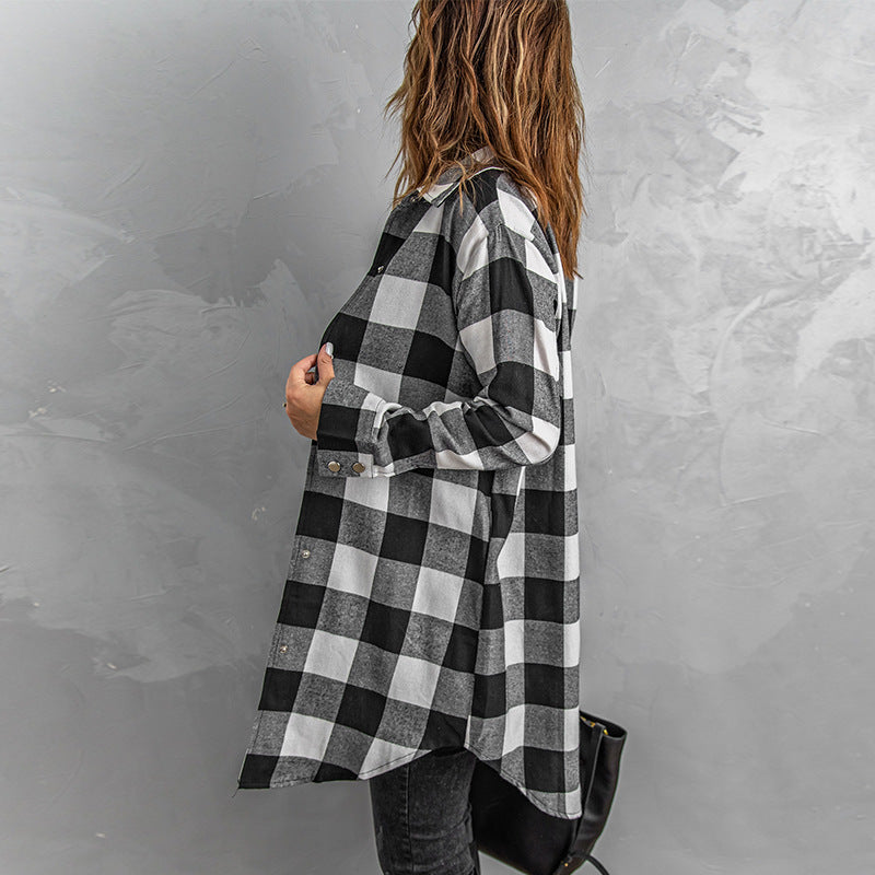 Plaid Shirt Women Mid Length Long Sleeve Women Coat Plaid Shirt Top Shacket