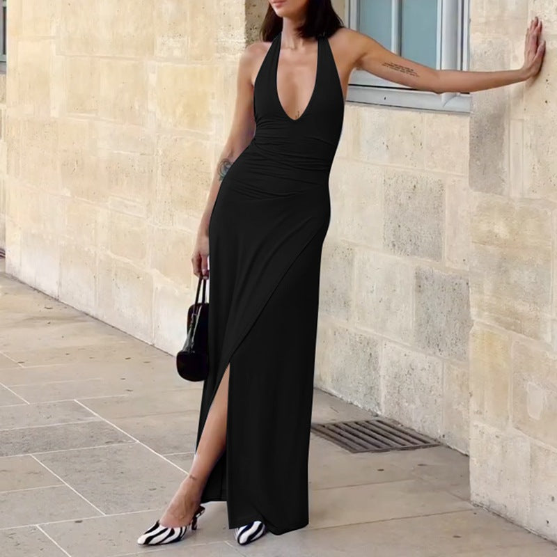 Women Clothing Sexy V neck Solid Color Sleeveless Halter Lace-up Backless Pleated Waist Tight Slimming Slit Dress