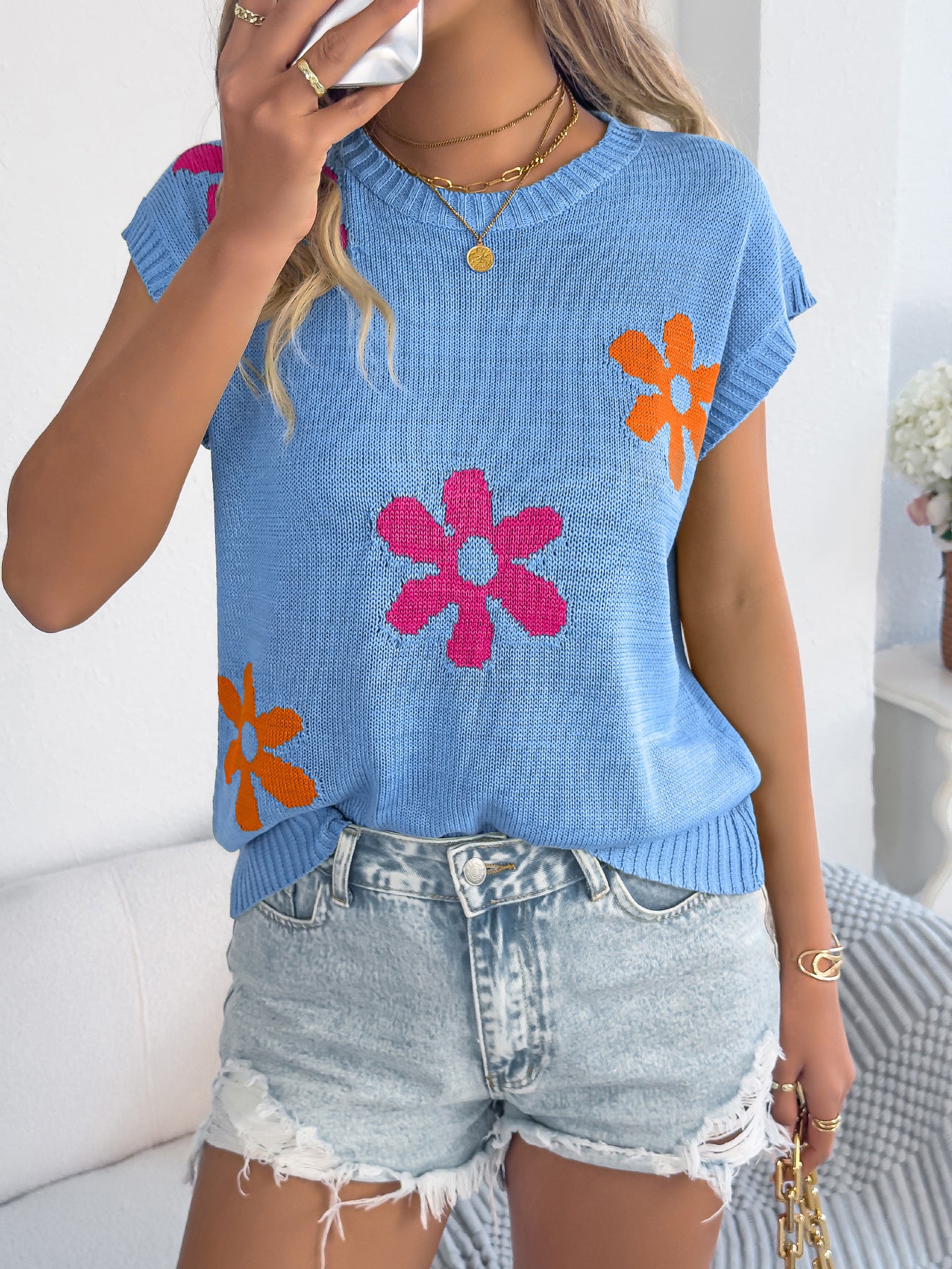 Spring Summer Floral Casual Loose Batwing Sleeve Knitwear Holiday Top Women Clothing