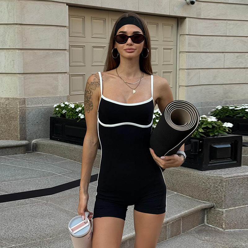 Sexy Beauty Back Covering Belly Thin Simple Suspenders Contrast Color Jumpsuit