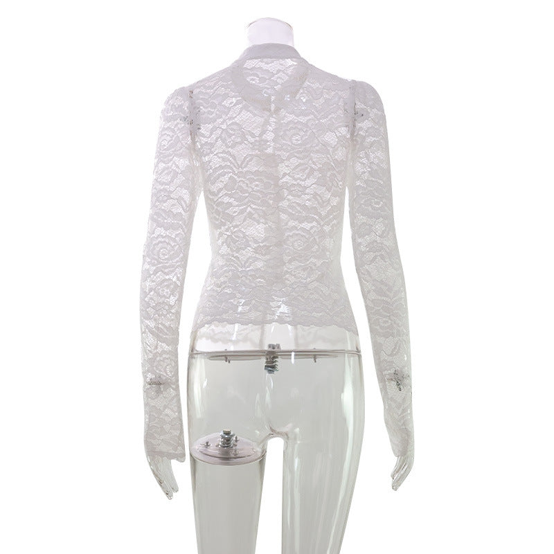 Women Clothing Western French Lace Cheongsam Button Collar Slim Fit Slightly Transparent Lady Socialite Long Sleeved Top Base