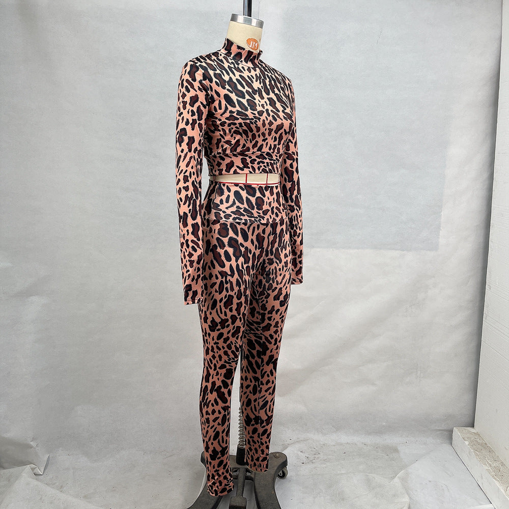 Women Clothing Autumn Stand Up Collar Cinched Cropped Long Sleeve Top High Waist Hip Raise Pants Two Piece Fitness Set