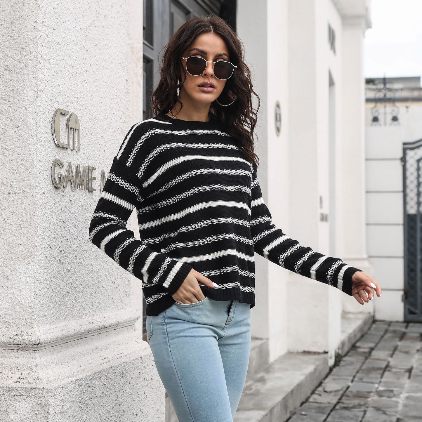 Striped Long Sleeved Sweater Women Loose Autumn Winter Knitwear Women Clothing Sweater